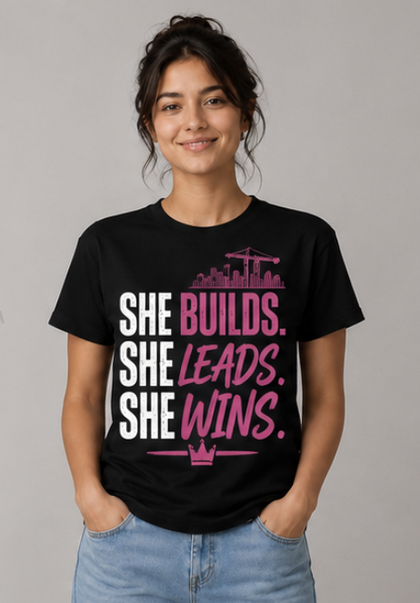 Women Regular Fit Graphic T-Shirt – SHE BUILDS. SHE LEADS. SHE WINS in Green