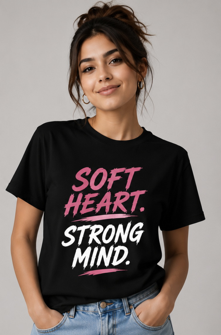 Women Regular Fit Graphic T-Shirt – SOFT HEART. STRONG MIND in Black